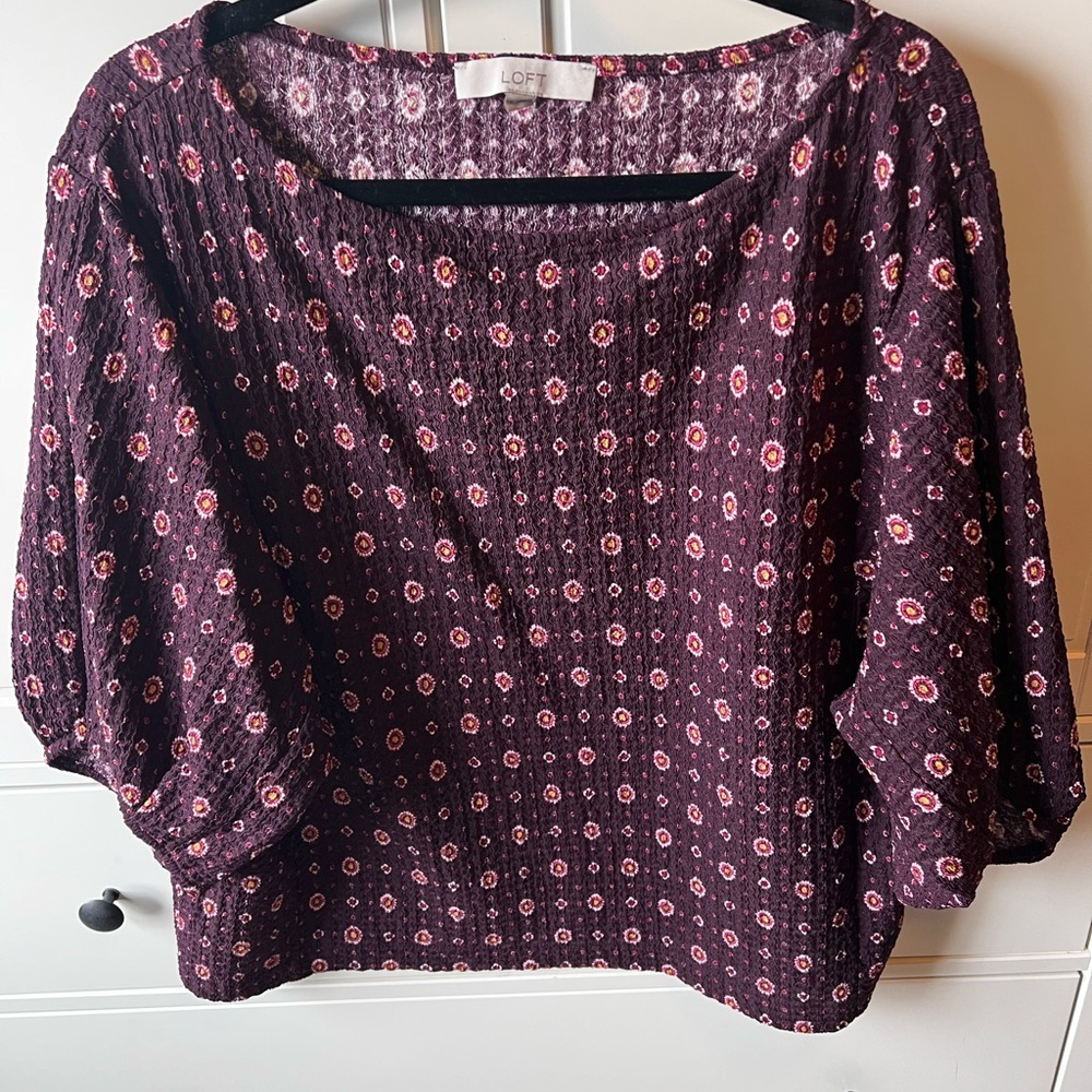 LOFT Plum Floral Puff-Sleeve Blouse